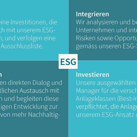 Ein ESG-Diagramm mit vier Quadranten: Vermeiden, Integrieren, Beeinflussen und Investieren, mit jeweils detaillierten Beschreibungen.