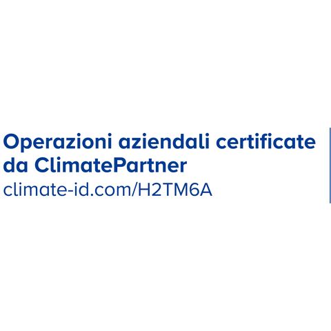 Logo ClimatePartner con la scritta “azienda certificata”, un codice QR e il testo “Calcola, riduci, contribuisci alle emissioni di CO₂”.