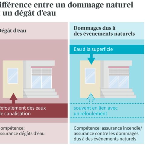 Différence entre les dégâts d’eau et les dommages naturels: Dégâts d’eau causés par la canalisation, dommage naturel causé par l’eau de surface.