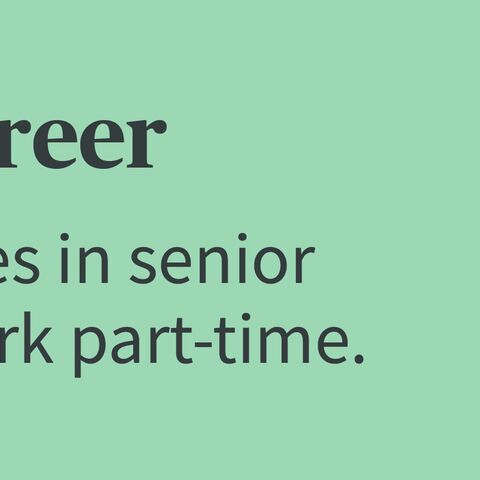 Illustration of a man with a beard on a laptop, next to it text “Part-time career” and a pie chart showing that 26% of senior management work part-time.