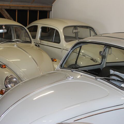 Una collezione di quattro maggiolini bianchi d'epoca parcheggiati vicini in un garage.
