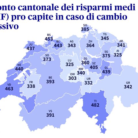 Grafico della mappa della Svizzera che mostra il risparmio medio per cantone in caso di cambio di assicuratore nell'assicurazione di base. 
