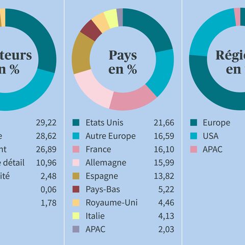 Diagramme du portefeuille du fonds immobilier mondial: secteurs, pays et régions.