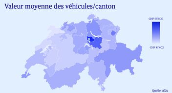 Graphique représentant une carte de la Suisse sur laquelle les cantons sont colorés en fonction de la valeur des véhicules