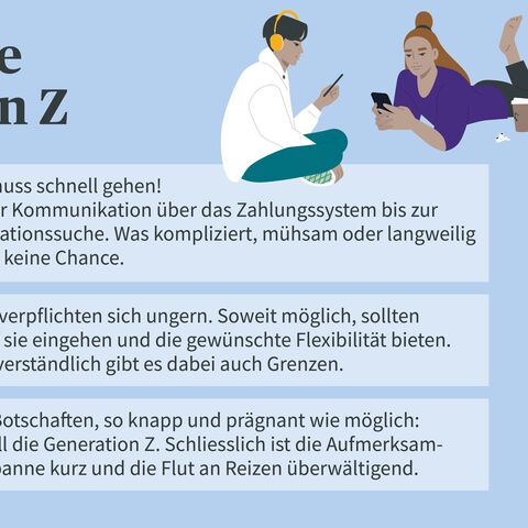 Infografik über die Bedürfnisse der Generation Z: Sofortige Ergebnisse, Flexibilität bei Verpflichtungen und klare, prägnante Botschaften.