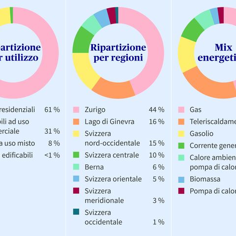 L'immagine mostra tre grafici a torta sui temi della distribuzione dell'uso, della distribuzione regionale e del mix energetico, ciascuno diviso per colore.