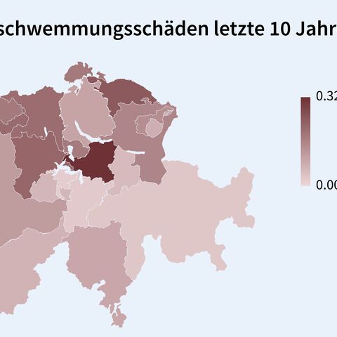 Karte der Schweiz zeigt die Häufigkeit von Überschwemmungsschäden in den letzten 10 Jahren, Farbskala von 0,00% bis 0,32%.