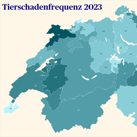 Eine farbkodierte Karte der Schweiz zeigt die Anzahl der gemeldeten Wildunfälle im Jahr 2023 nach Kanton.