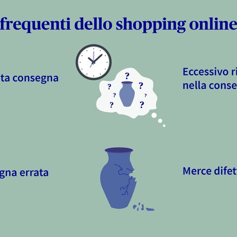 Un grafico illustra i quattro problemi più frequenti legati allo shopping online: mancata consegna, ritardi nella consegna, errata consegna e merce difettosa.