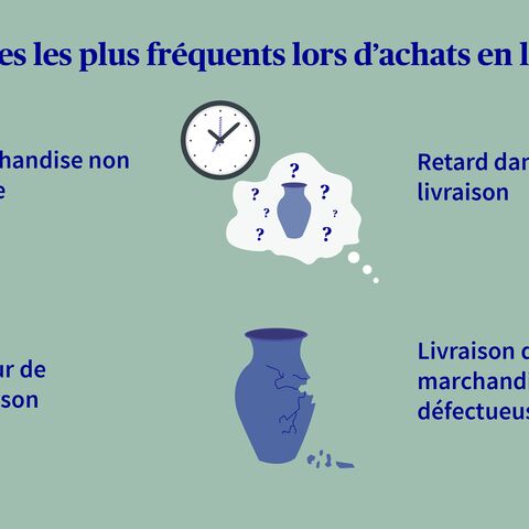 Un graphique illustre les quatre problèmes les plus fréquents lors d’achats en ligne: pas de livraison, retard de livraison, erreur de livraison et marchandise défectueuse.
