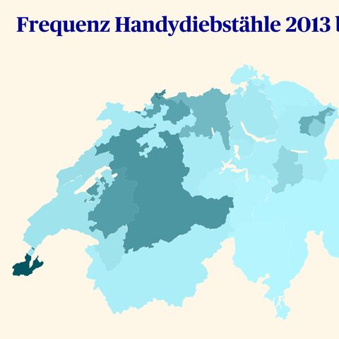Eine Karte der Schweiz zeigt die Frequenz von Handydiebstählen von 2013 bis 2023; dunklere Farben bedeuten höhere Diebstahlsraten.