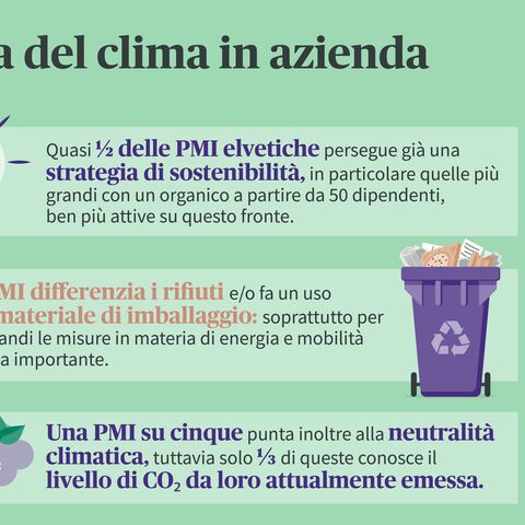 Infografica sulla protezione del clima nelle PMI svizzere: strategie di sostenibilità, raccolta differenziata e utilizzo dei materiali, neutralità climatica ed emissioni di CO₂.