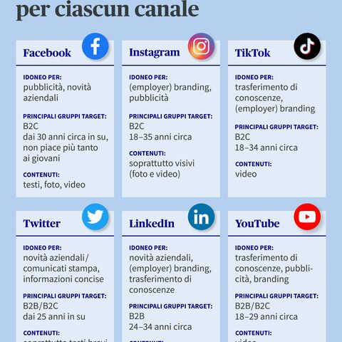 Infografica sui social media: Contenuti per Facebook, Instagram, TikTok, Twitter, LinkedIn e YouTube, con target, idoneità e tipologie di contenuti.