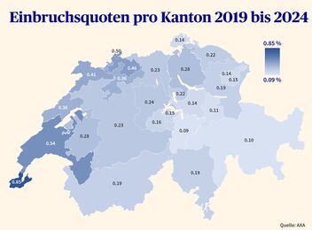 Anhand einer Schweizerkarte sind Einbruchsquoten pro Kanton 2019 bis 2024 dargestellt.