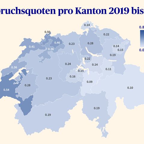 Eine farbkodierte Karte der Schweiz zeigt die Einbruchsquoten pro Kanton 2019 bis 2024.