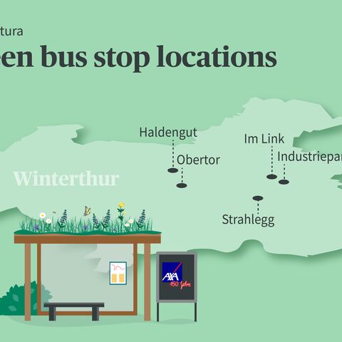 Image of green bus stop locations. At the bottom left is the bus stop and behind it is a map of Winterthur.