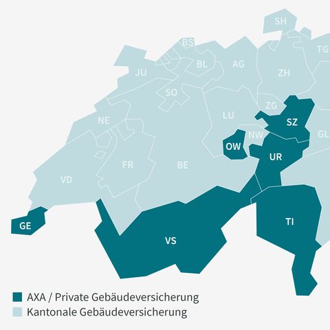 Eine Karte der Schweiz zeigt Kantone mit privater Gebäudeversicherung in Dunkelblau und solche mit staatlicher Gebäudeversicherung in Hellblau.