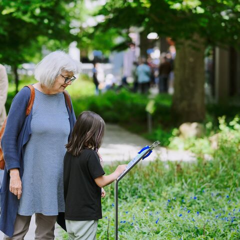 Un enfant et une femme âgée regardent avec intérêt un panneau d’information. À l’arrière-plan, un homme pousse une poussette.