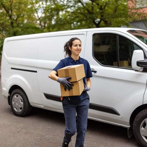 A smiling delivery woman in a blue uniform holds two parcels in front of a white delivery van on a street with green trees.