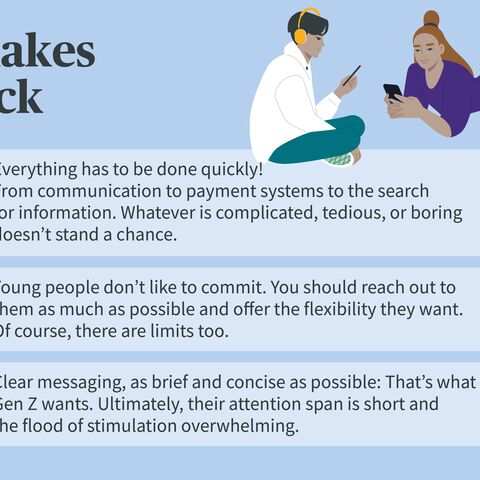 Infographic about the needs of Generation Z: immediate results, flexibility in commitments and clear, concise messages.