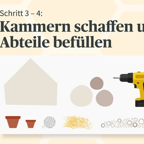 Schritt 3-4: Kammern schaffen und Abteile befüllen. Gezeigt werden Materialien wie Tontöpfe, Holzscheiben, Stroh, und ein Akkubohrer.