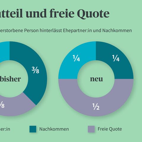 Diagramm zeigt die Veränderungen der Pflichtteils- und freien Quote: Bisher: Ehepartner:in 1/4, Nachkommen 3/8, frei 3/8; Neu: Ehepartner:in 1/4, Nachkommen 1/2, frei 1/4.