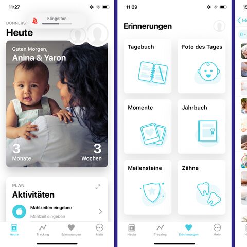 Screenshot einer Baby-Tracking-App mit drei Ansichten: Tagesübersicht, Erinnerungen mit Icons und eine Liste von Aktivitäten für die Babyentwicklung.