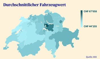 Schweizer Karte, die zeigt, in welchen Kantonen die teuersten Autos unterwegs sind