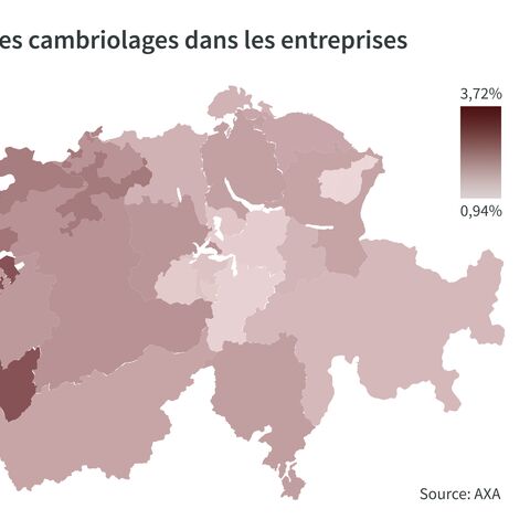 Une carte de la Suisse montre la fréquence des cambriolages dans les entreprises, échelonnée de 0,94% (clair) à 3,72% (foncé).