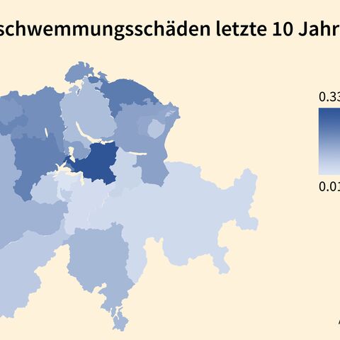 Karte der Schweiz zeigt die Frequenz der Überschwemmungen in den letzten 10 Jahren, farbkodiert von hellblau (wenig) bis dunkelblau (viel).