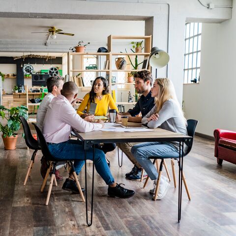 Fünf Personen sitzen an einem Tisch in einem modernen, offenen Büro mit Pflanzen und Regalen im Hintergrund und diskutieren angeregt.