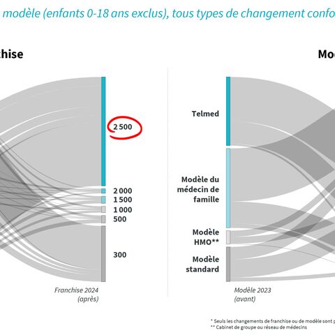 Le diagramme montre les mouvements alternés d’enfants (0-18 ans) entre différentes catégories de franchises et de modèles avec des lignes grises.