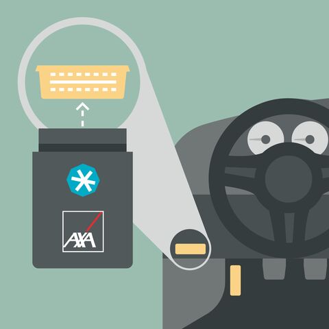 Illustration eines Automobil-Cockpits. Gelbe Striche zeigen, wo der DrivePartner eingesteckt werden kann.