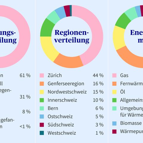 Das Bild zeigt drei Kreisdiagramme zu den Themen Nutzungsverteilung, Regionenverteilung und Energiemix, jeweils farblich unterteilt.