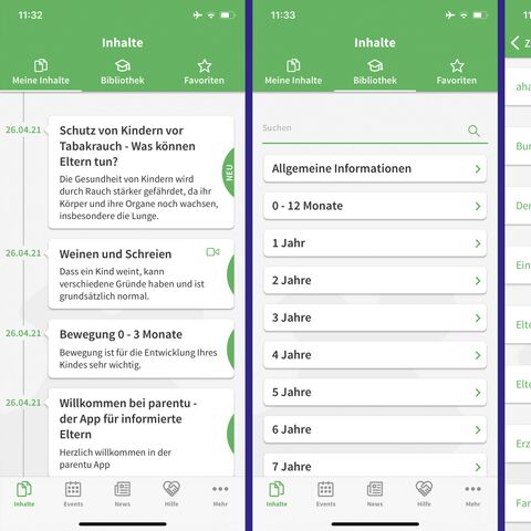 Screenshot einer Elternratgeber-App mit grüner Benutzeroberfläche, die Ratschläge für verschiedene Altersgruppen und nationale Links zu Ressourcen bietet.