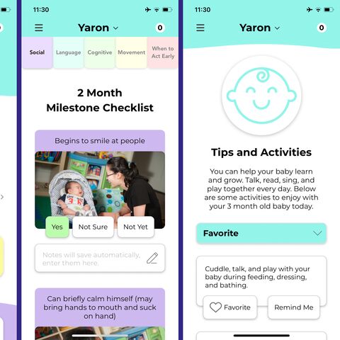 Schermata di un'app per lo sviluppo del bambino che mostra i progressi di un neonato di tre mesi, suggerimenti e attività e una lista di controllo per le tappe fondamentali.