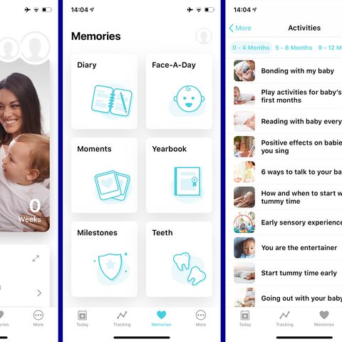 Screenshot of a baby tracking app with three views: Daily overview, reminders with icons and a list of activities for baby development.