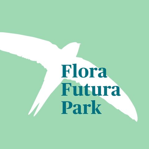 Graphic of a bird in white with Flora Futura Park in green in front of it.