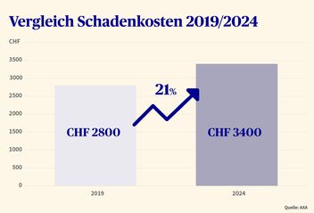 Grafik mit zwei Balkendiagrammen, das die Schadenkosten von Kollisionsschäden im Jahr 2019 mit jenen im Jahr 2024 vergleicht.