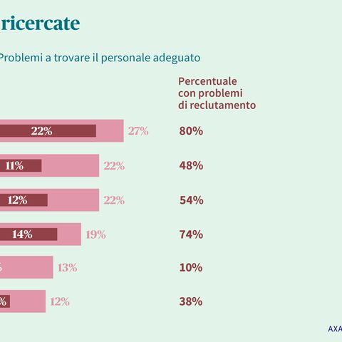 Un grafico a barre mostra che l’artigianato/edilizia (80%) è il settore più difficile da occupare, mentre il settore finanziario/legale (38%) ha i problemi minori.