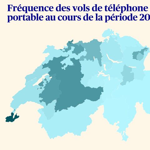 Une carte de la Suisse montre la fréquence des vols de téléphone portable entre 2013 et 2023. Les couleurs sombres signifient une hausse des vols.