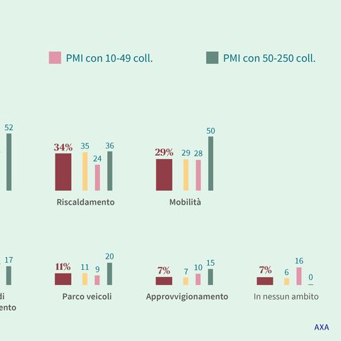 Un diagramma a barre illustra le misure adottate dalle aziende negli ambiti rifiuti, biomateriali, energia, riscaldamento, mobilità, IT, logistica, refrigeranti, parco veicoli, approvvigionamento e piccoli settori.