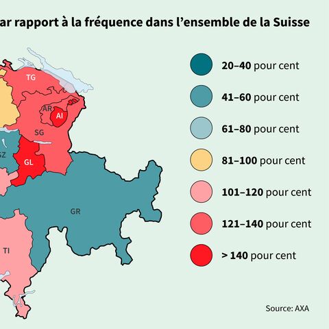 Carte de la Suisse avec les cantons surlignés en couleur montrant la fréquence des sinistres de 2017 à 2021 par rapport à la fréquence des sinistres à l’échelle nationale.