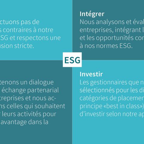 Un graphique ESG avec quatre quadrants : Éviter, Intégrer, Influencer et Investir, avec des descriptions détaillées pour chacun d'entre eux.