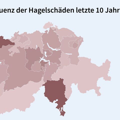 Karte der Schweiz zeigt die Häufigkeit von Hagelschäden in den letzten 10 Jahren, farblich von 0,39% (hell) bis 4,88% (dunkel) abgestuft.
