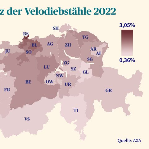Karte der Schweiz zeigt die Frequenz der Velodiebstähle 2022 nach Kantonen, von 0,36% (hell) bis 3,05% (dunkel), Quelle: AXA.