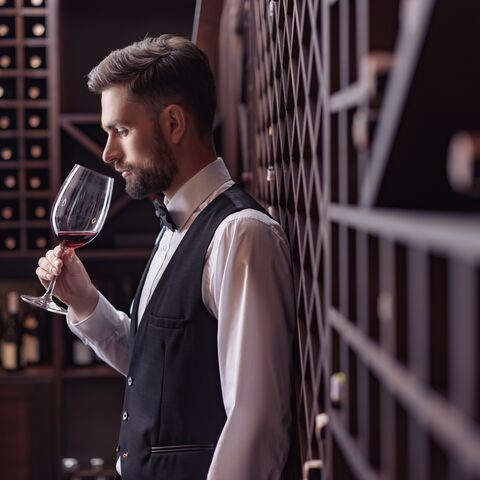 Ein Sommelier des jungen Mannes, der Rotwein im Weinkeller verkostet.