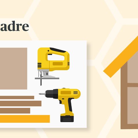 L'étape 2 montre des matériaux et des outils tels que des lattes de bois, une scie sauteuse et une perceuse pour construire le cadre d'une petite maison.