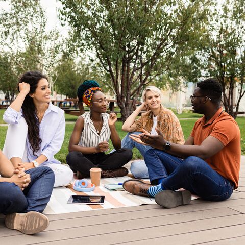 Un gruppo di amici è seduto in un parco.