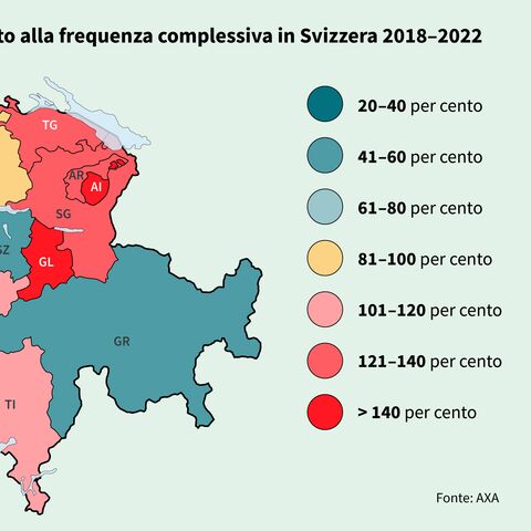 Una cartina della Svizzera mostra le frequenze dei sinistri nei cantoni dal 2018 al 2022, a colori dal 20% a oltre il 140% della frequenza a livello nazionale.